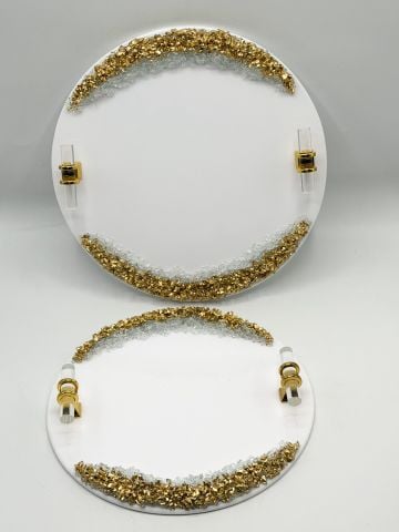 Yuvarlak Varaklı Taşlı Epoksi tepsi 2 li Gold