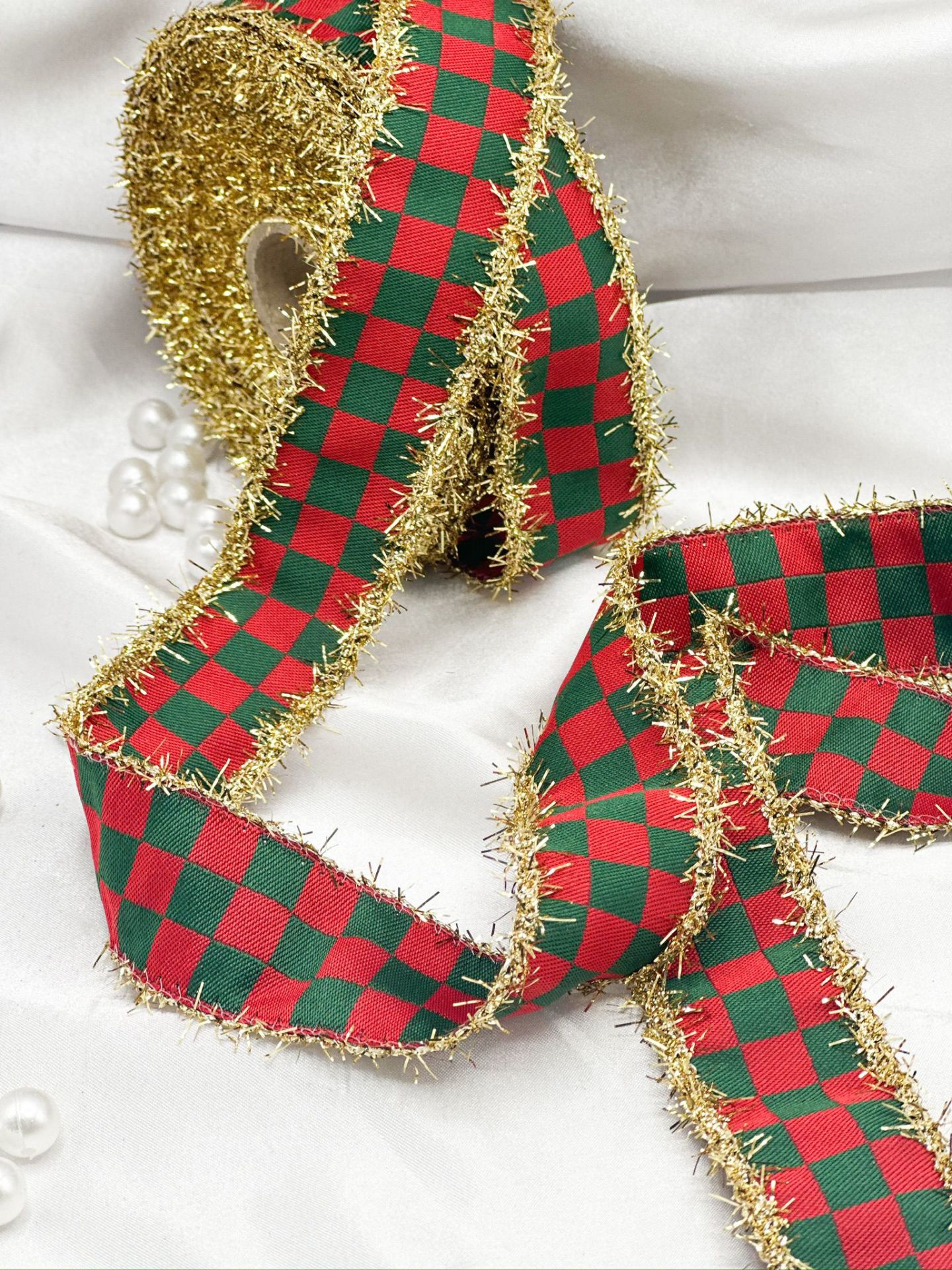 Simli Yılbaşı Kurdelesi 5 metre Altın Simli Ekose