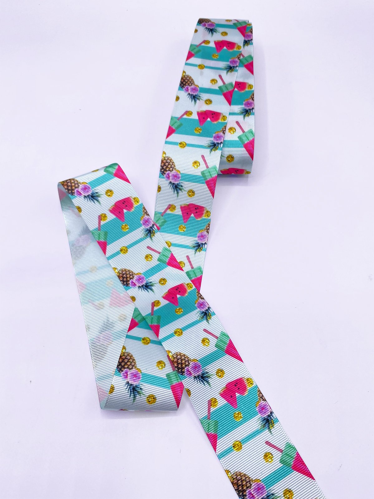 Baskılı Grogren Kurdele (4cm-5 Metre) Turkuaz Tropik