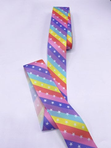 Baskılı Grogren Kurdele (4cm-5 Metre) Çapraz Çizgili Yıldız