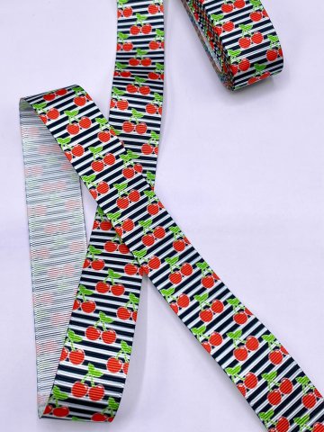 Baskılı Grogren Kurdele (2.5cm-5 Metre) Çizgili Kiraz