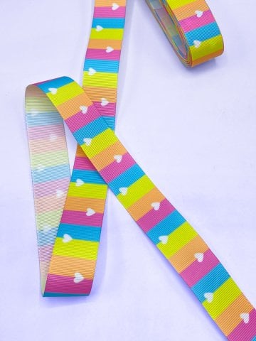 Baskılı Grogren Kurdele (2.5cm-5 Metre) Çizgili Kalp