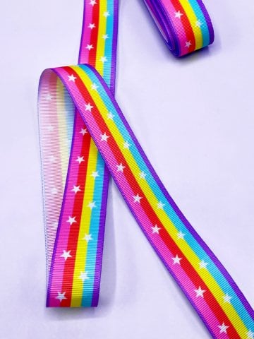 Baskılı Grogren Kurdele (2.5cm-5 Metre) Dikey Çizgili Yıldız