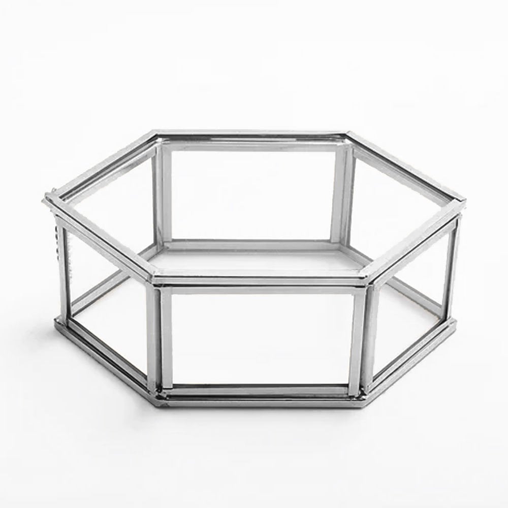Altıgen Cam Madlen Çikolata Kutusu Gümüş - 25x25cm
