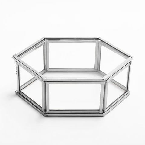 Altıgen Cam Madlen Çikolata Kutusu Gümüş - 25x25cm