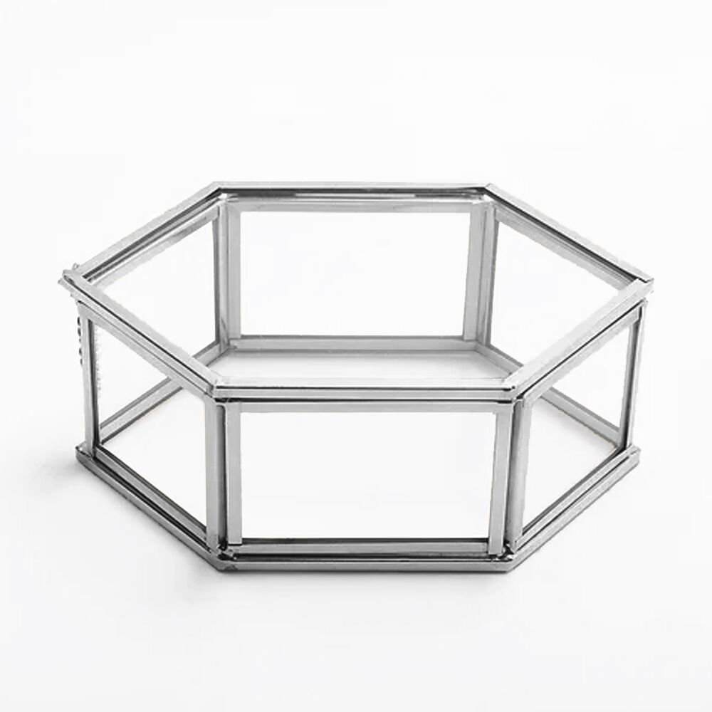 Altıgen Cam Madlen Çikolata Kutusu Gümüş - 30x30cm