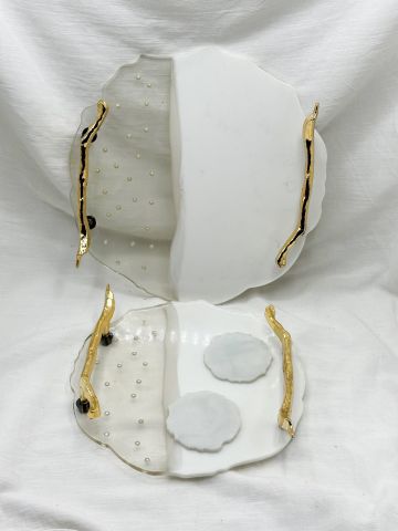 İnci Detaylı Epoksi Gold Tepsi