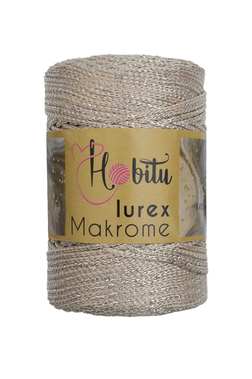 Polyester Simli Makrome El Örgü ipi Bej - Gümüş