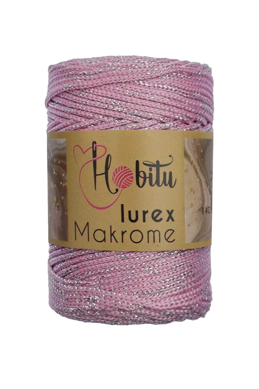 Polyester Simli Makrome El Örgü ipi Pembe - Gümüş