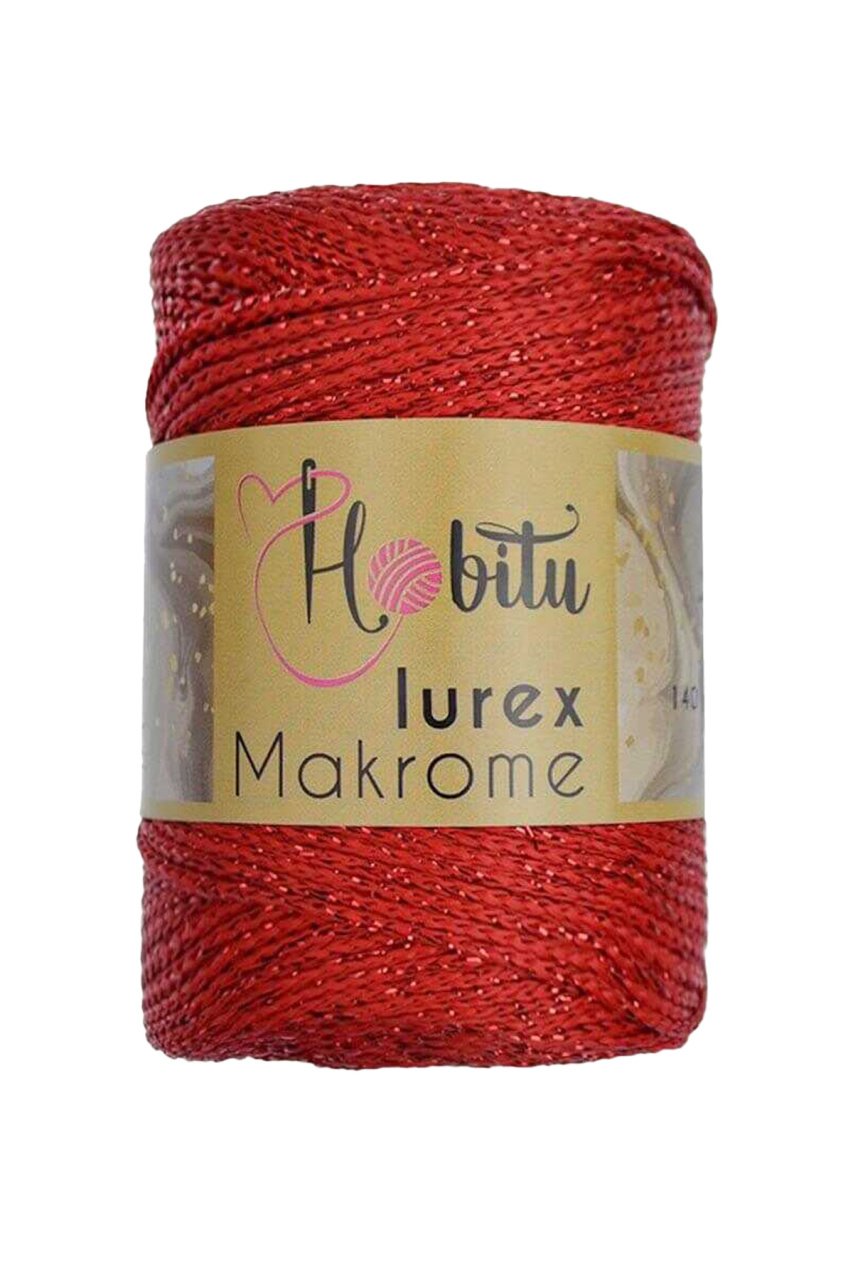 Polyester Simli Makrome El Örgü ipi Kırmızı - Gümüş