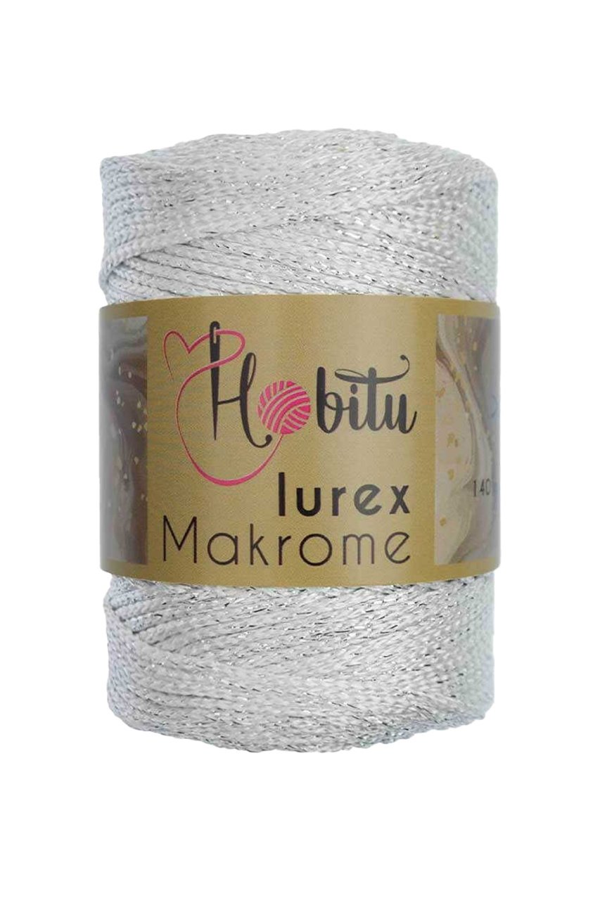 Polyester Simli Makrome El Örgü ipi Beyaz - Gümüş