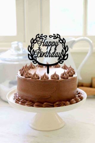 Happy Birthday' Yazılı Dallı Siyah Pasta Pleksisi 15cm
