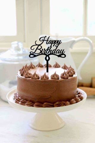 Happy Birthday' Yazılı Süslü Siyah Pasta Pleksisi 15cm