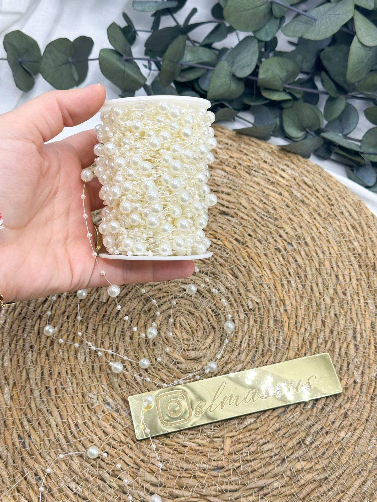 İnci Boncuklu  Misina 10 metre Krem