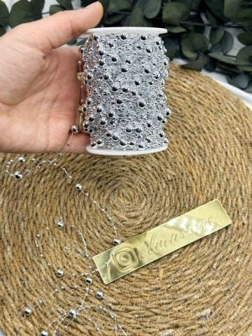 İnci Boncuklu  Misina 10 metre Gümüş