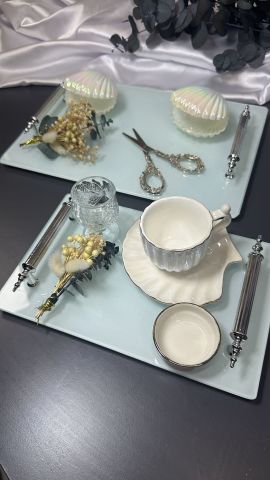 İsteme Tepsi Seti Gümüş Kulplu Dikdörtgen