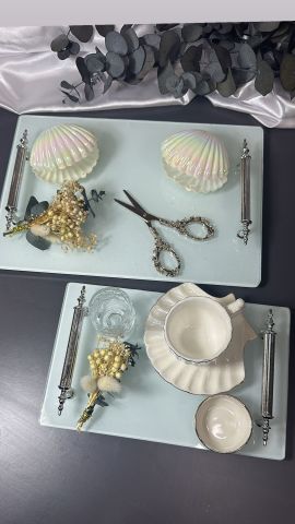 İsteme Tepsi Seti Gümüş Kulplu Dikdörtgen