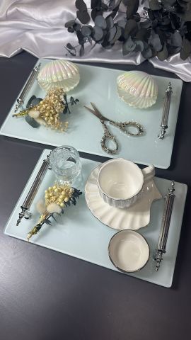 İsteme Tepsi Seti Gümüş Kulplu Dikdörtgen