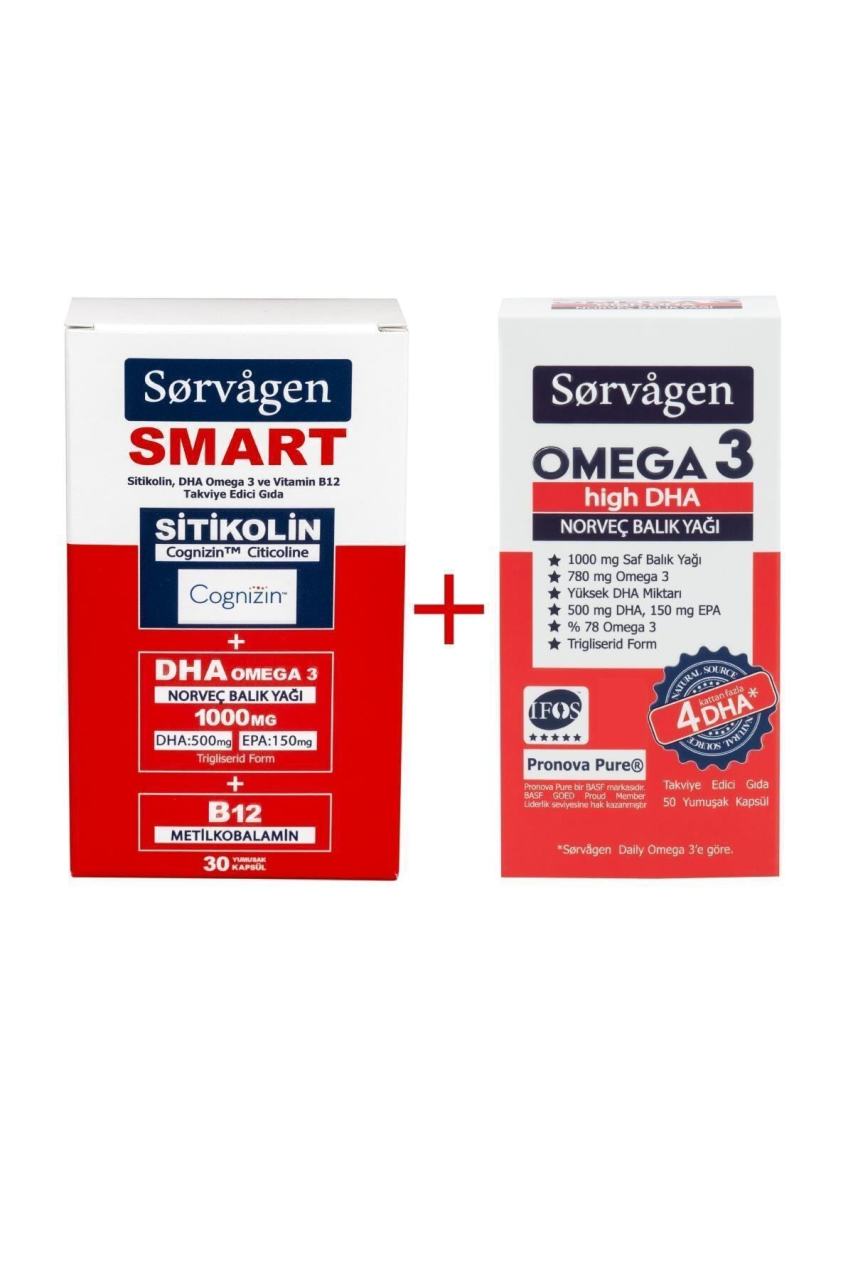 Smart Sitikolin, Dha Omega 3, B12 (30 Kapsül) + Omega 3 Hıgh Dha Norveç Balık Yağı