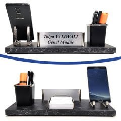 Vizyon Siyah Mermer Desenli Lüks Ahşap Ofis Masa İsimliği Kalemlik Seti