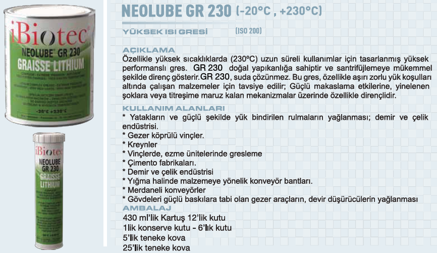 MMCC İbiotec Neolube GR230 Yüksek Isı Gresi 430 ml