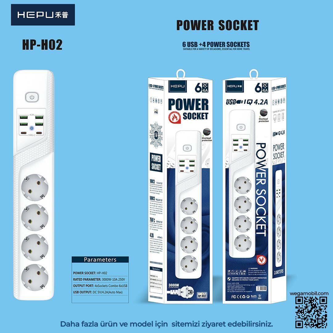 HEPU HP-H02 4'LÜ 2MT 4USB-A 2Type-C HIZLI ŞARJLI AKIM KORUMALI PRİZ