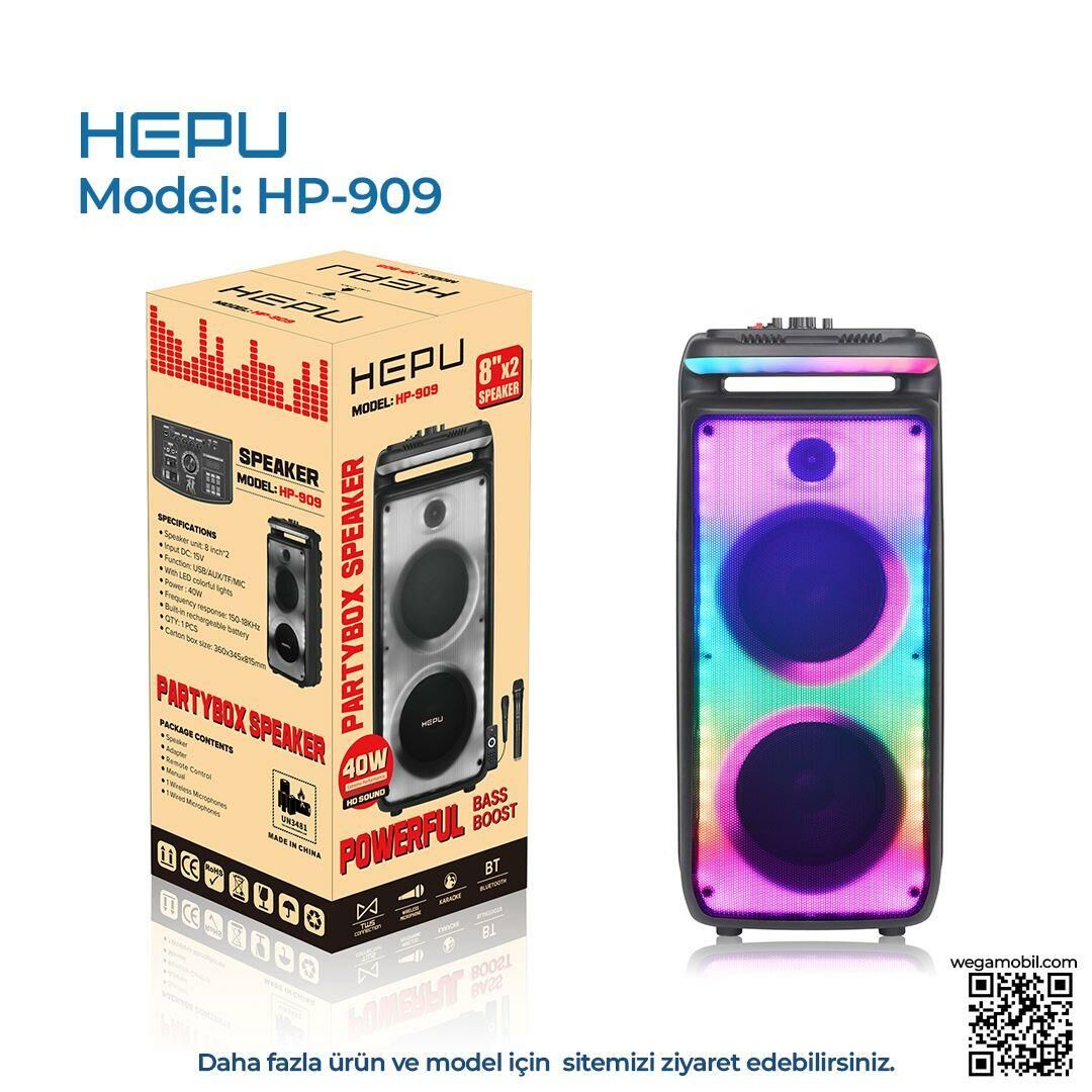 HEPU HP-909 2X12'' 30CM KABLOSUZ 1 EL MİKROFON ŞARJLI BLUETOOTH MÜZİK KUTUSU