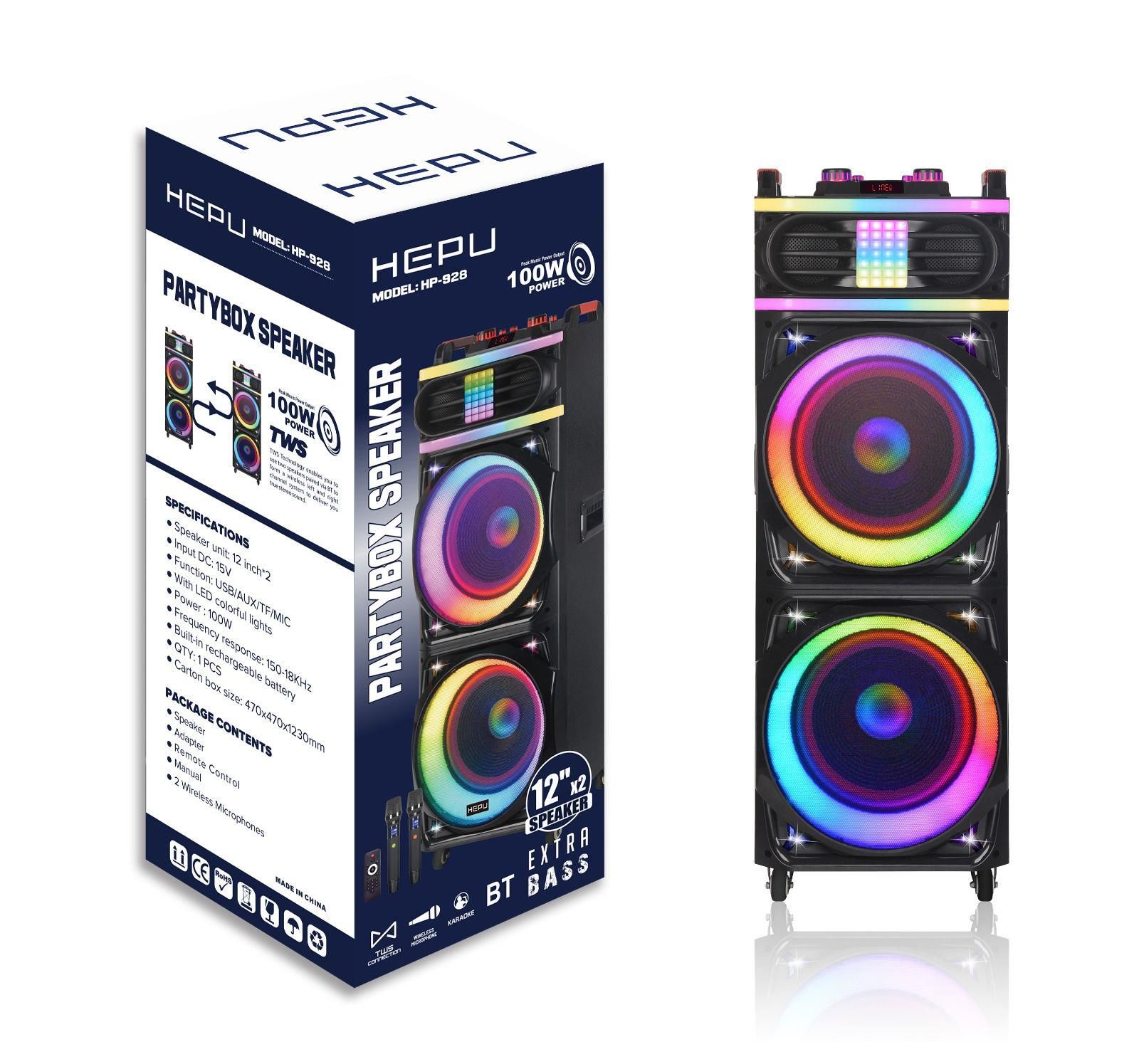 HEPU HP-928 2X12'' 2X30CM KABLOSUZ  2 EL MİKROFON ŞARJLI MÜZİK KUTUSU