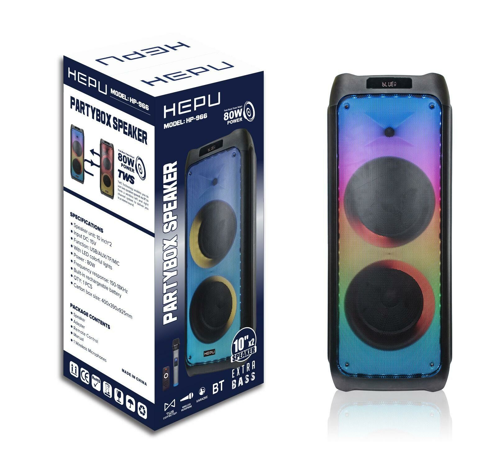 HEPU HP-966 2X10'' 2X25CM KABLOSUZ 1 EL MİKROFON ŞARJLI MÜZİK KUTUSU