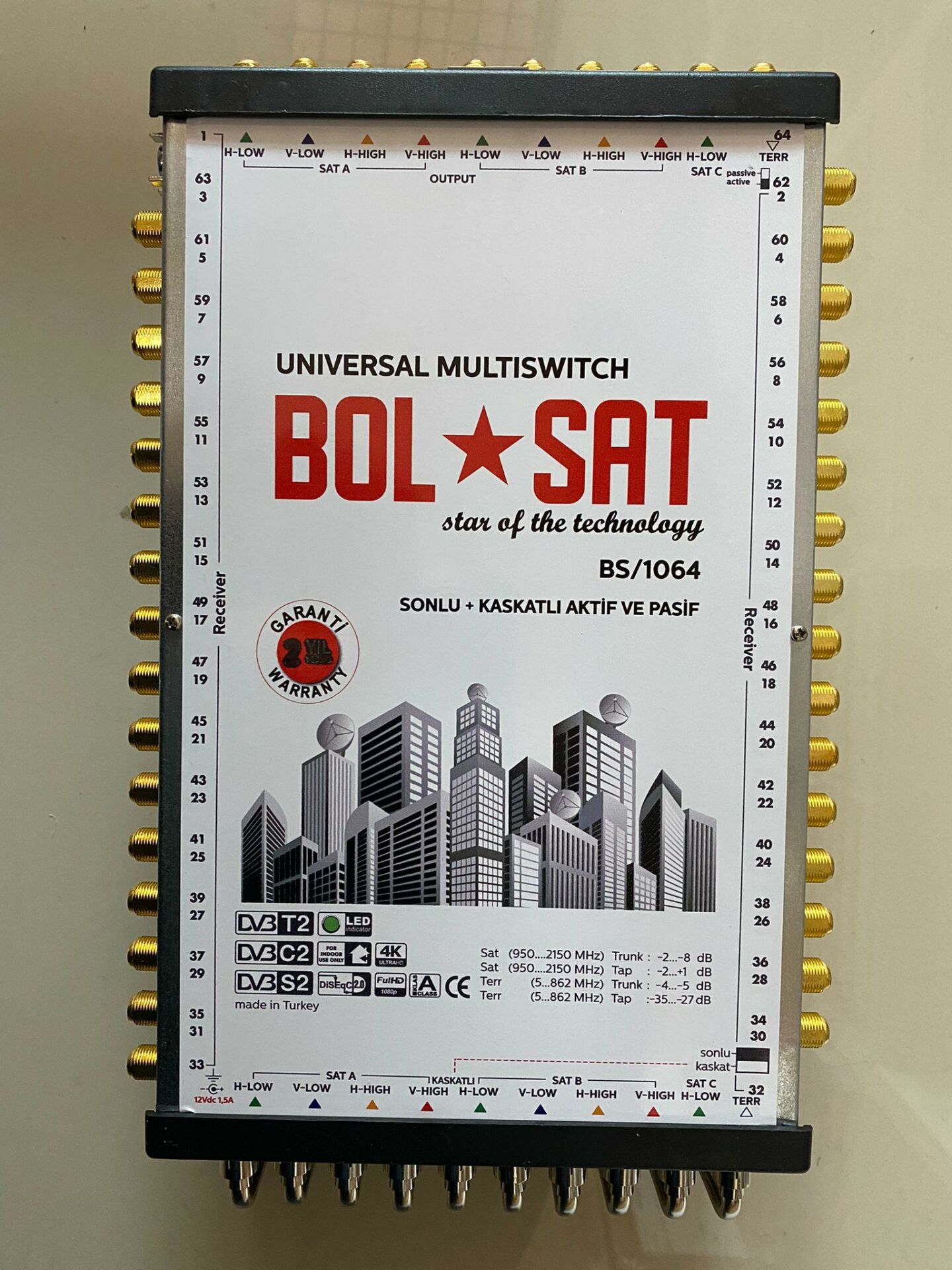 BOLSAT BS-10/64 AKTİF+PASİF SONLU+KASKATLI HYBRID UYDU SANTRALİ ADAPTÖR DAHİL