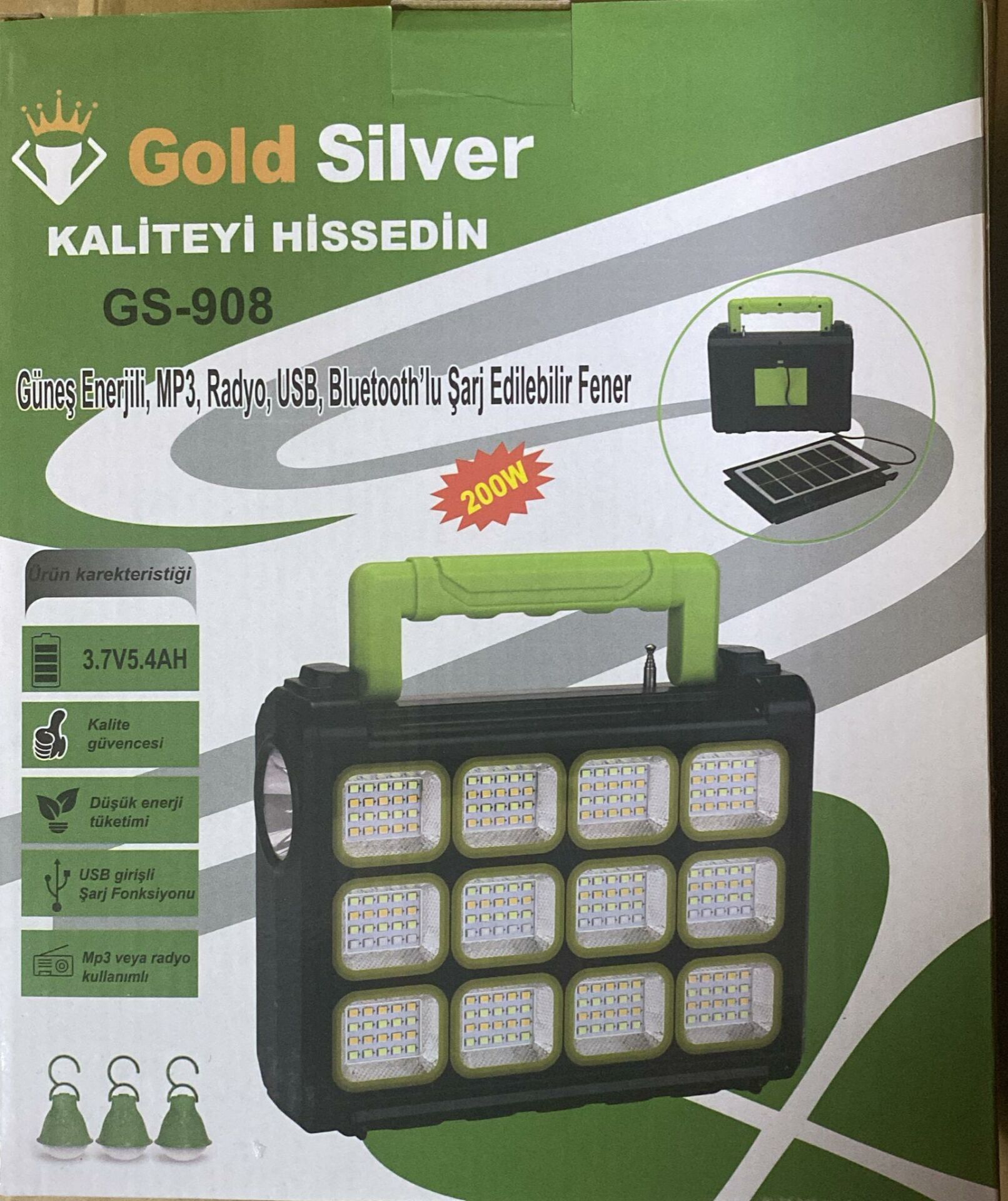 GOLDSILVER GS-908 GÜNEŞ PANELLİ USB-BT-RADYO-3 ADET LED AMPULLU  ŞARJLI KAMP FENER SETİ