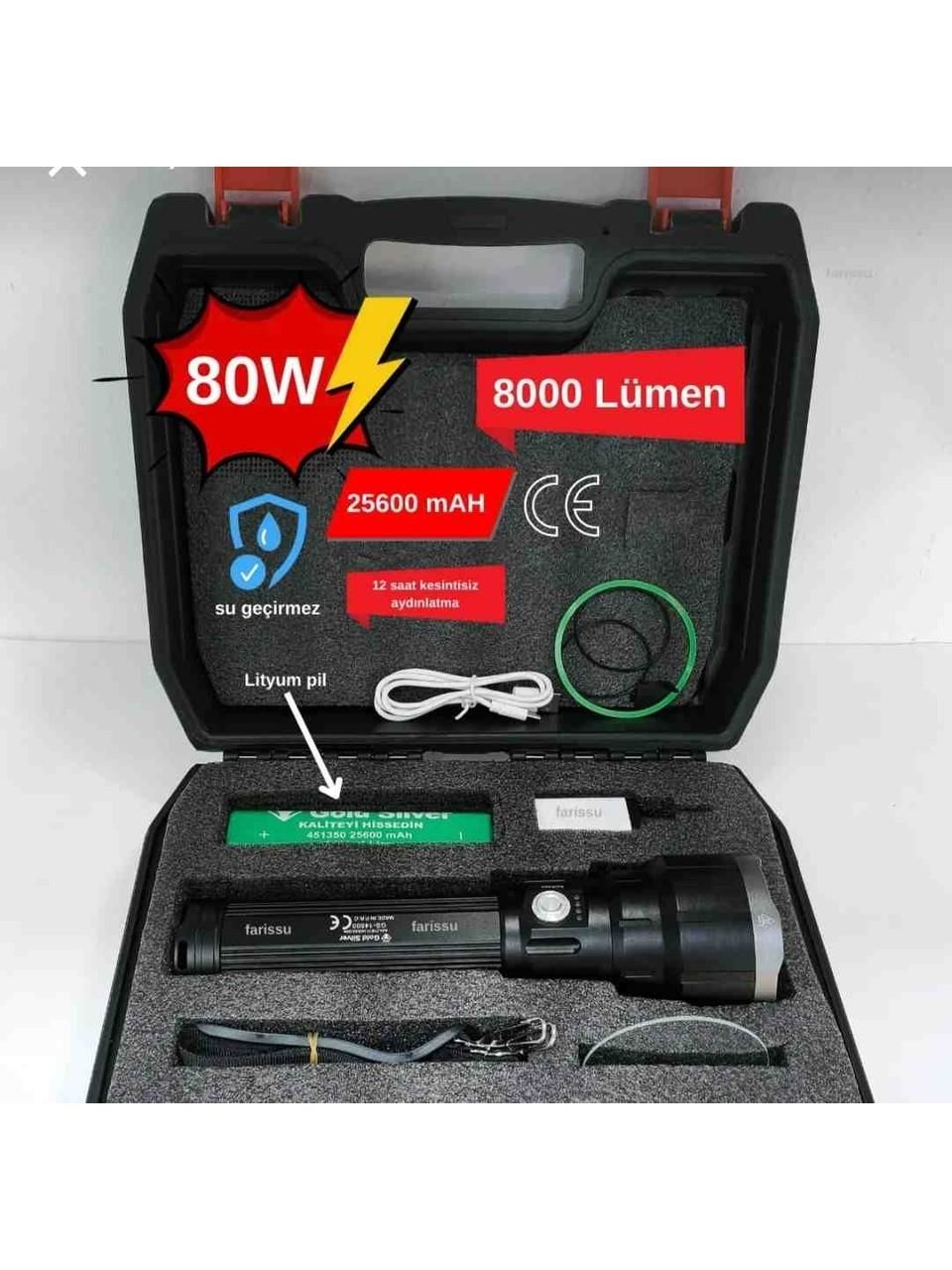 GOLDSILVER GS-14500-80 WATT 8000 LÜMEN 25600 MA PİL  ŞARJLI EL FENERİ