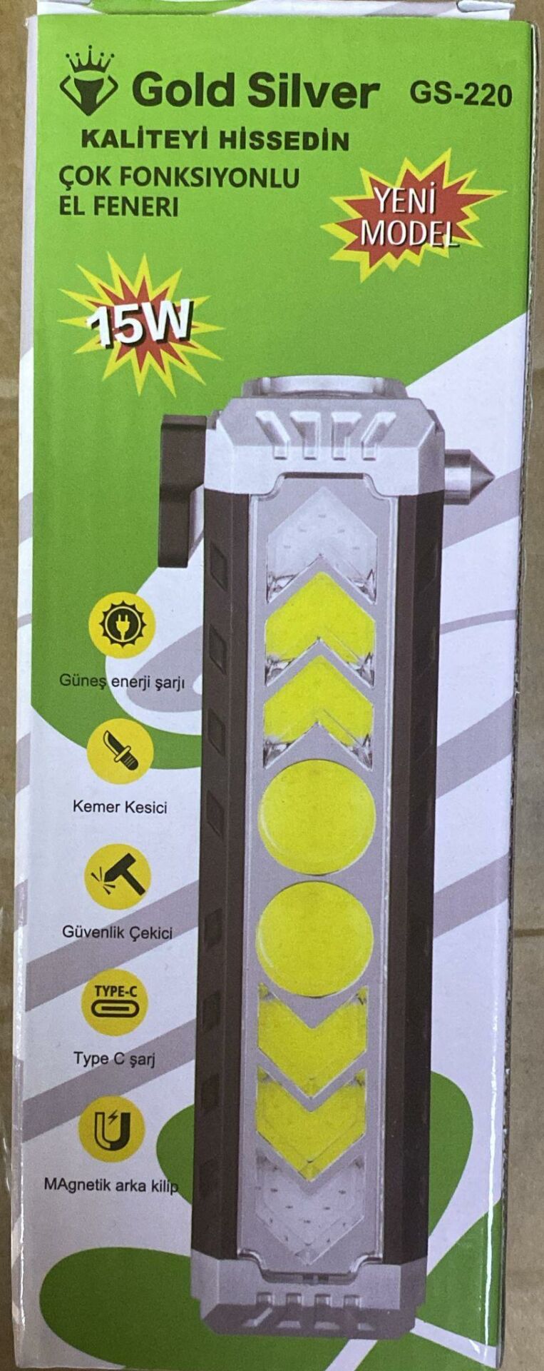 GOLDSILVER GS-220-15 WATT SOALR GÜNEŞ PANELLİ ŞARJLI KANBUR EL FENERİ