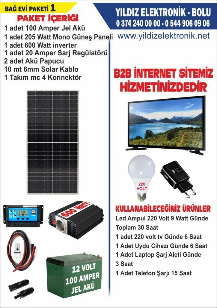 SOLAR BAĞ EVİ PAKETİ 1 - 205WATT PANEL - 100 AMPER JEL AKÜ - 500WATT İNVERTER