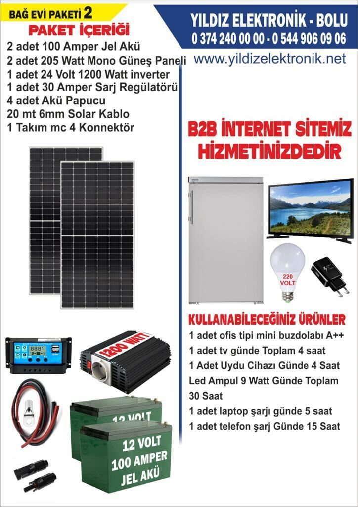 SOLAR BAĞ EVİ PAKETİ 2- 410WATT PANEL - 200 AMPER JEL AKÜ - 1200WATT İNVERTER