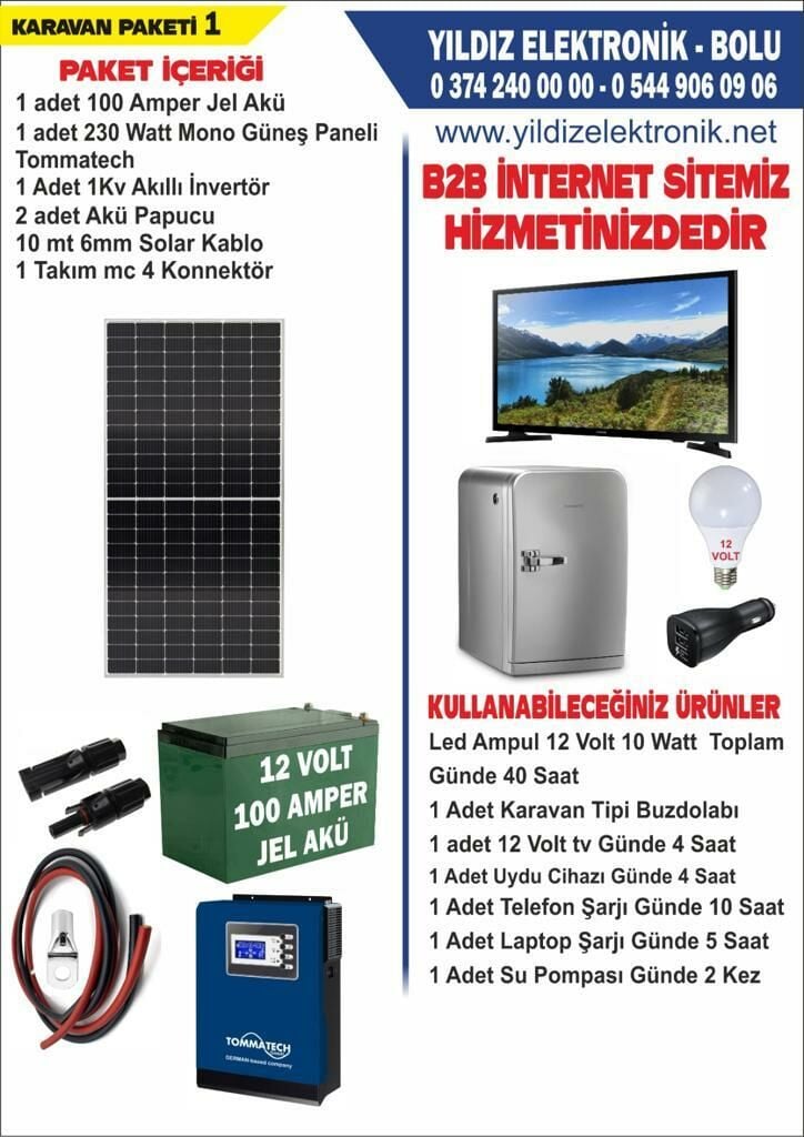 SOLAR KARAVAN PAKETİ 1- 205 WATT PANEL - 100 AMPER JEL AKÜ - 1 KW AKILLI  İNVERTER