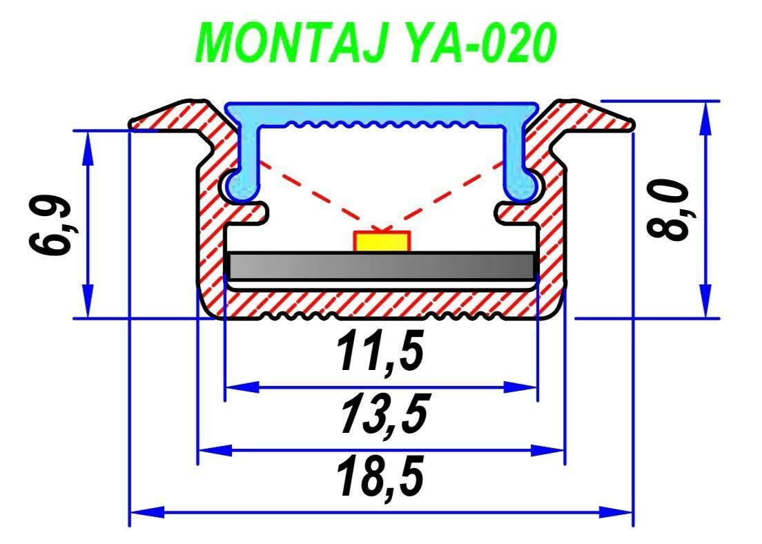 ALİMİNYUM LED PROFİL KASASI YA-020 KASA+CAM DAHİL 255 CM 1 BOY  FİYATIDIR