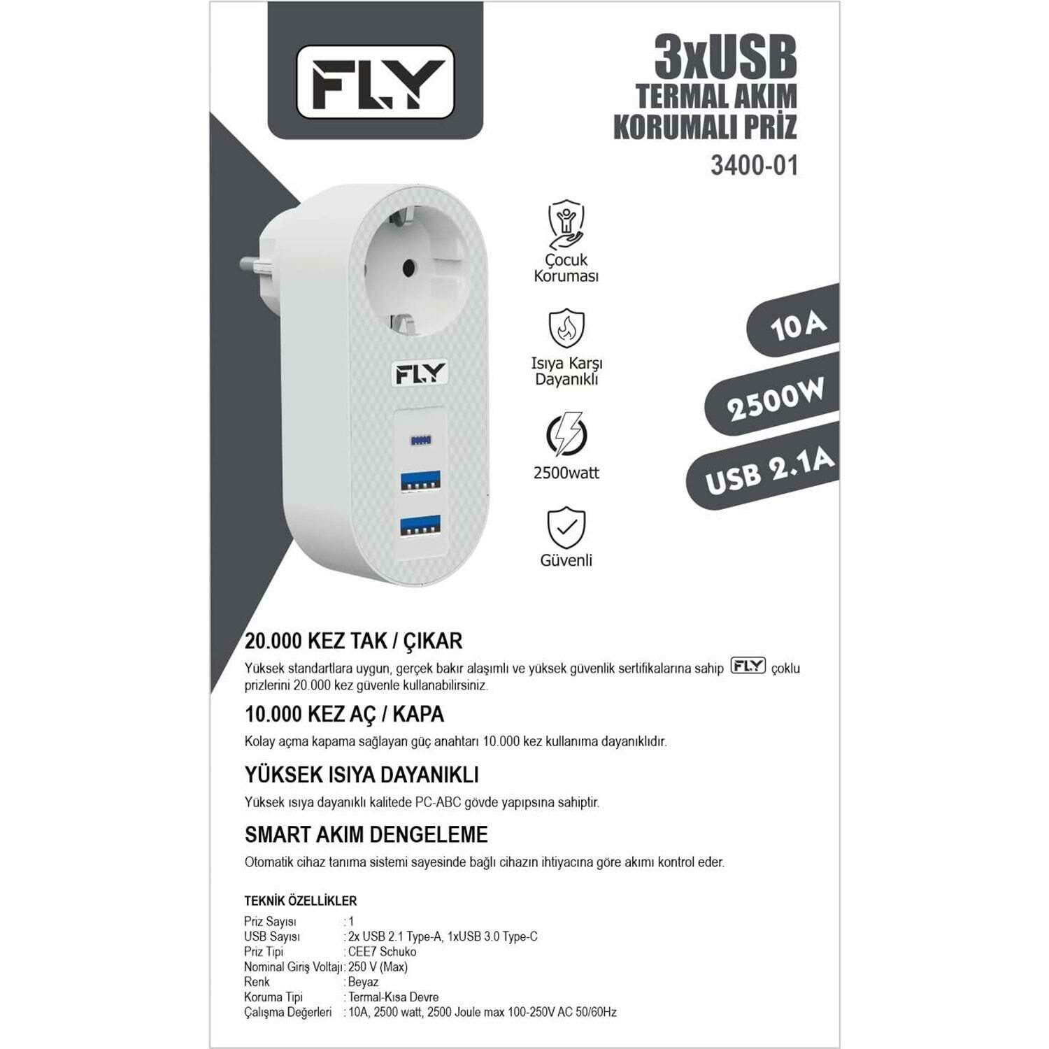 FLY 3400-01 AKIM KORUMALI 3 USB ÇIKIŞ HIZLI ŞARJLI TOPRAKLI PRİZ