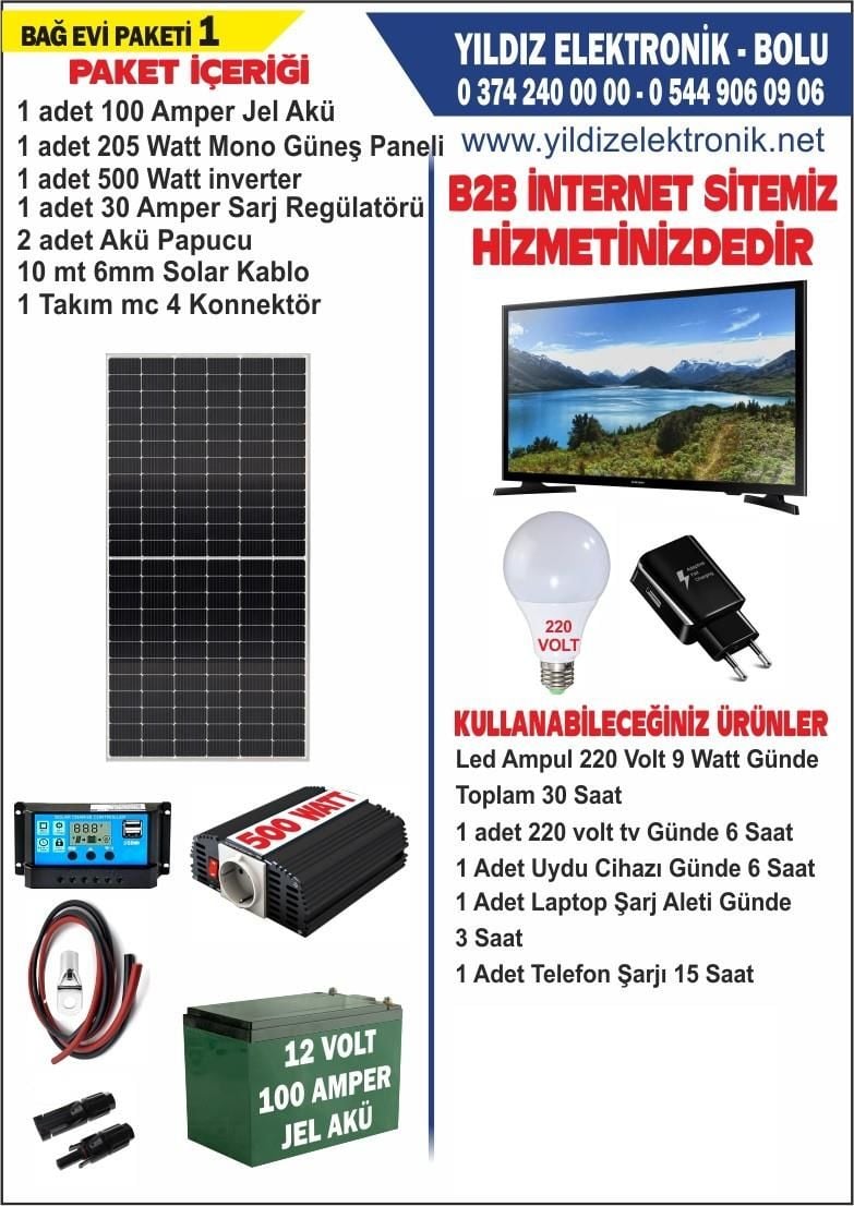 SOLAR BAĞ EVİ PAKETİ 1 - 205WATT PANEL - 100 AMPER JEL AKÜ - 500WATT İNVERTER