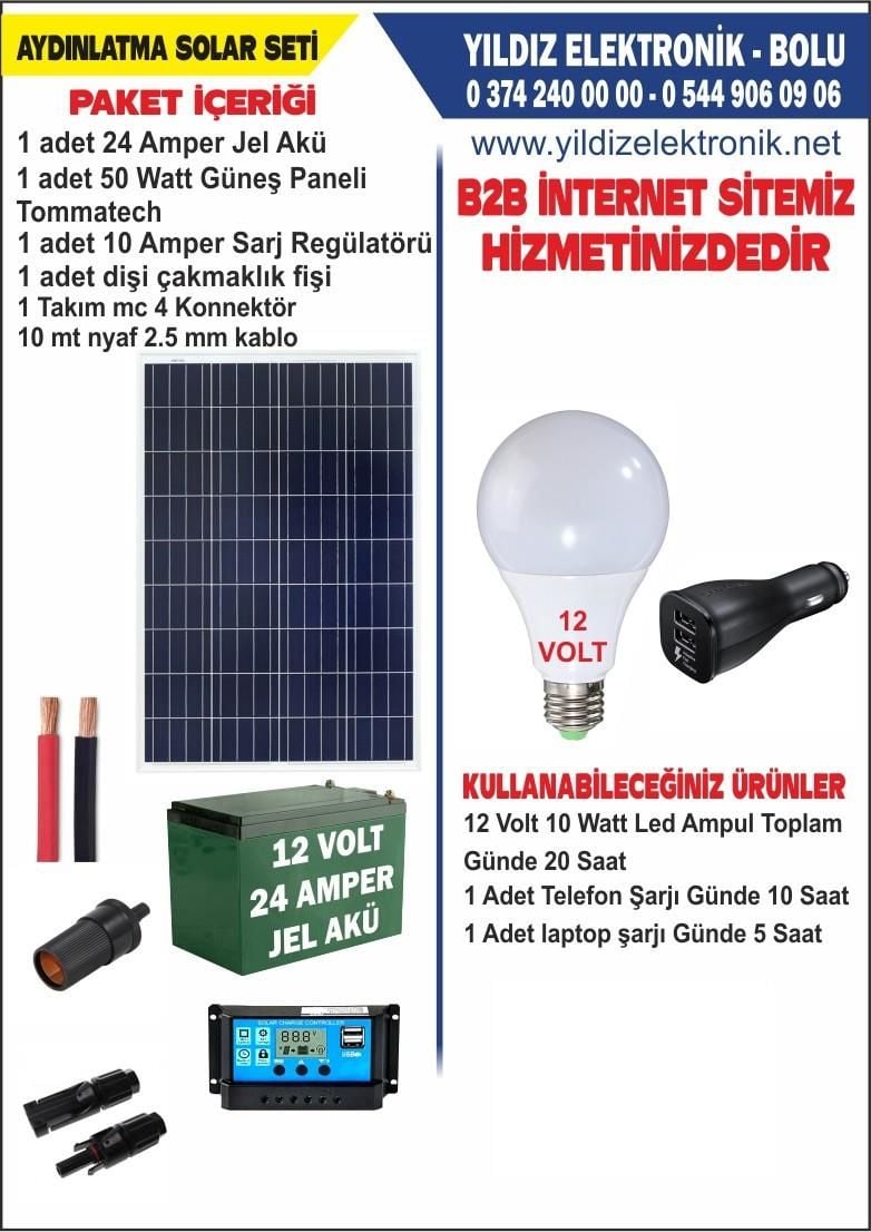 SOLAR AYDINLATMA SETİ- 50 WATT PANEL - 24 AMPER JEL AKÜ 12 VOLT SİSTEM