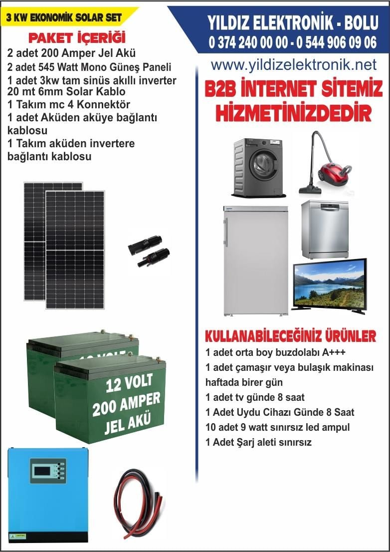 SOLAR 3 KW EKO SET-1090 WATT PANEL-400 AMPER JEL AKÜ - 3000WATT AKILLI TAM SİNÜS İNVERTER
