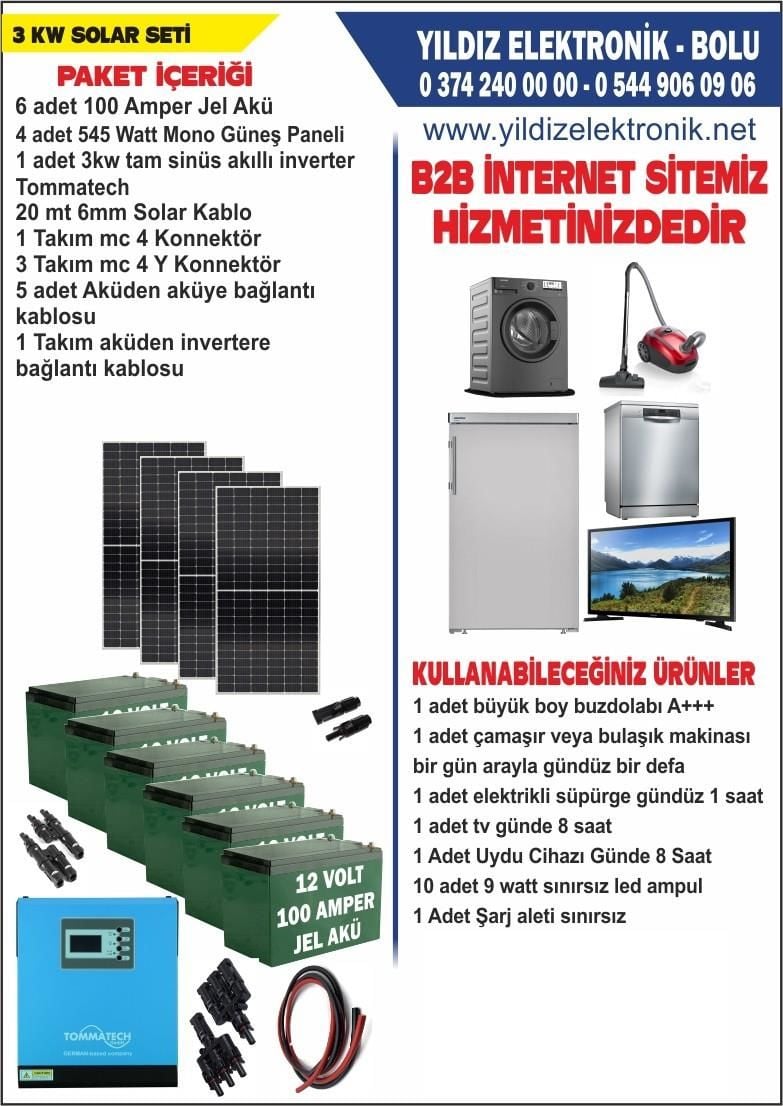 SOLAR 3 KW SET- 2180WATT PANEL - 600 AMPER JEL AKÜ - 3000WATT AKILLI TAM SİNÜS İNVERTER