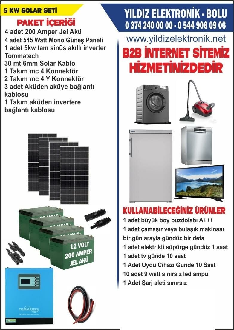 SOLAR 5 KW SET- 2180WATT PANEL - 800 AMPER JEL AKÜ - 5000WATT AKILLI TAM SİNÜS İNVERTER