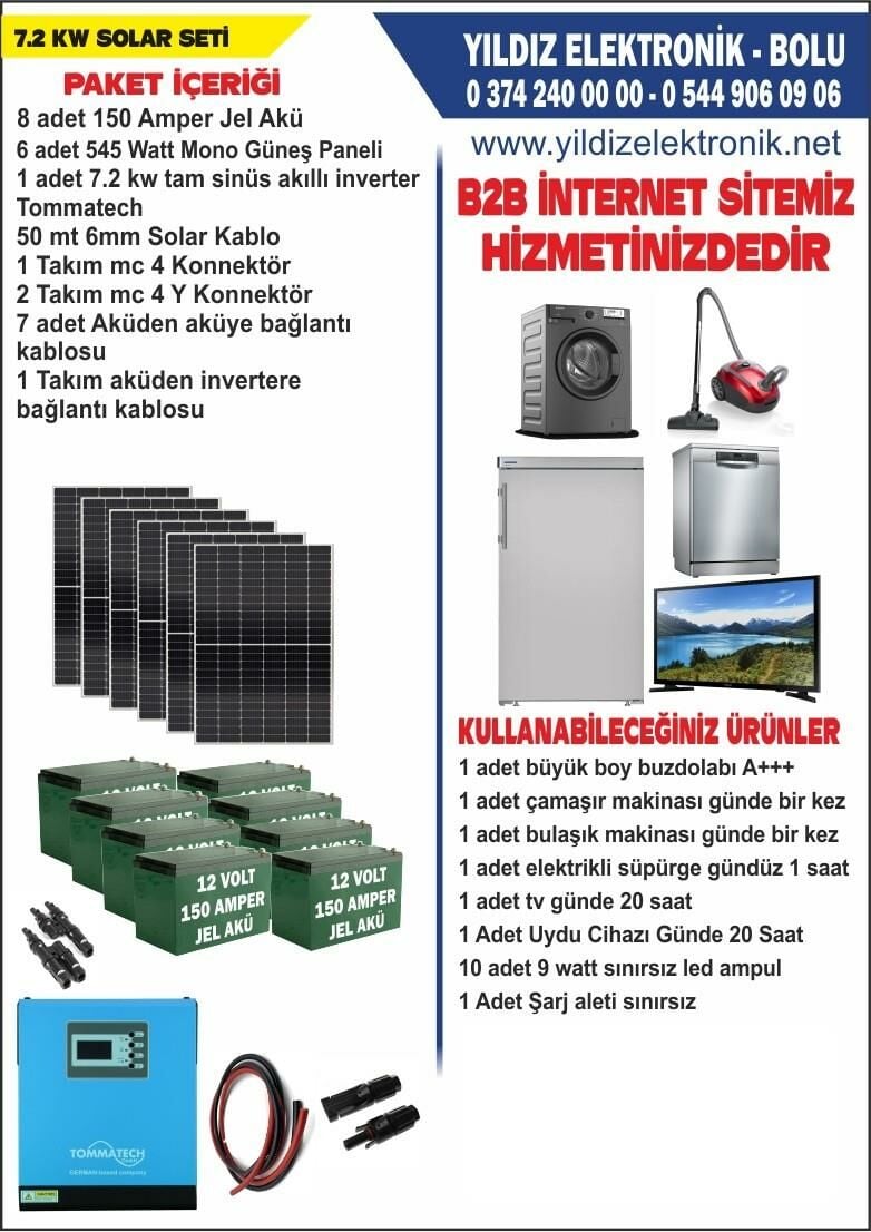 SOLAR 7.2 KW SET- 3270WATT PANEL - 1200 AMPER JEL AKÜ - 7200WATT TAM SİNÜS İNVERTER
