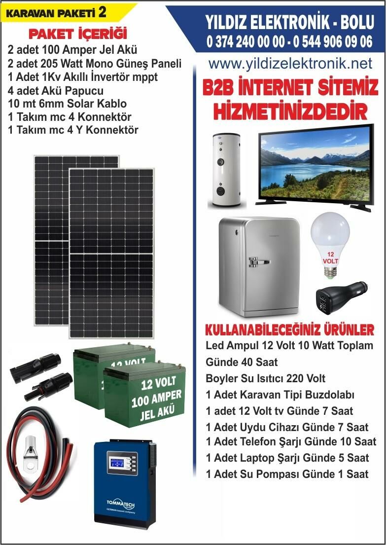 SOLAR KARAVAN PAKETİ 2- 410WATT PANEL - 200 AMPER JEL AKÜ - 1 KW MPPT AKILLI İNVERTER