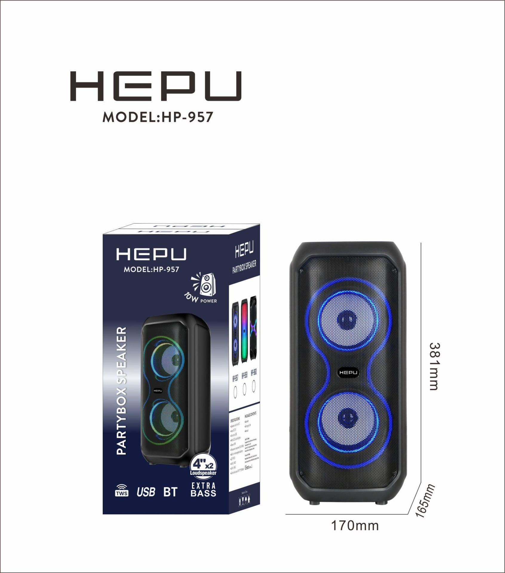 HEPU HP-957 RGB IŞIKLI 2X4''  2X10CM BLUETOOTH USB MÜZİK KUTUSU