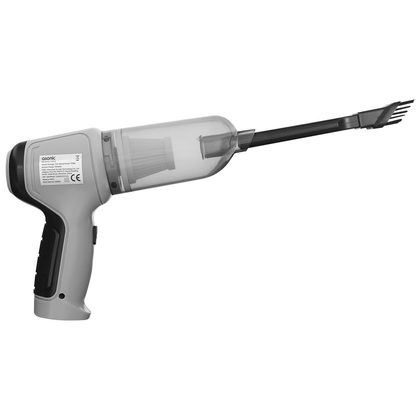 Asonic S2025 Gri/Siyah Kablosuz Üflemeli Mini Araç El Şarjlı Süpürgesi 120W 2000mAh 9000PA