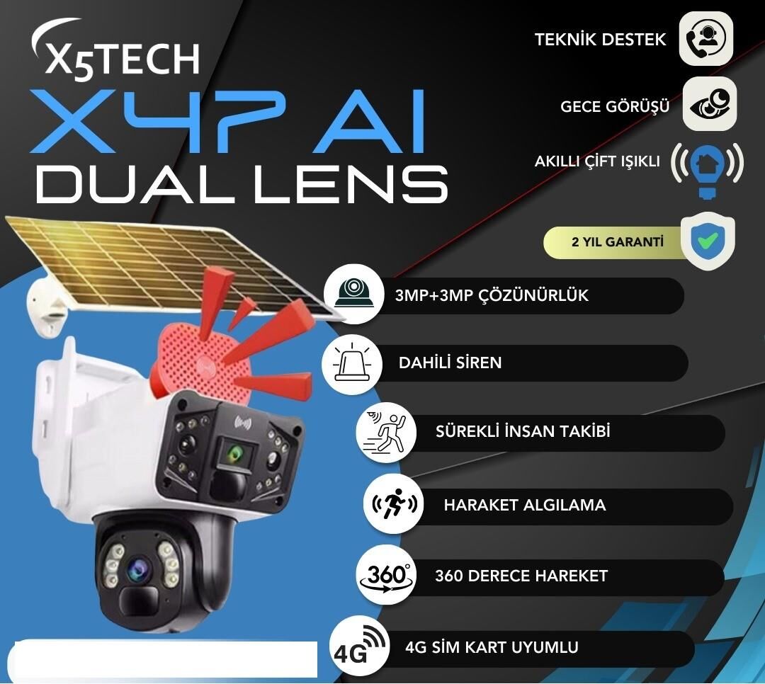 X5 TECH X47AI 2 KAMERALI 4G SİM KARTLI SOLAR GÜNEŞ PANELLİ PTZ KAMERA
