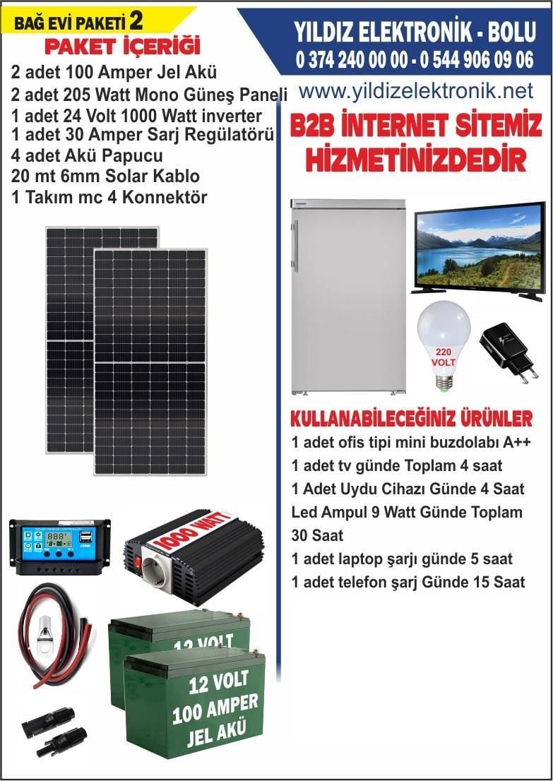 SOLAR BAĞ EVİ PAKETİ 2- 410WATT PANEL - 200 AMPER JEL AKÜ - 1000WATT İNVERTER