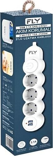 FLY 3'LÜ 2MT ANAHTARLI 2 USB'Lİ AKIM KORUMALI PRİZ